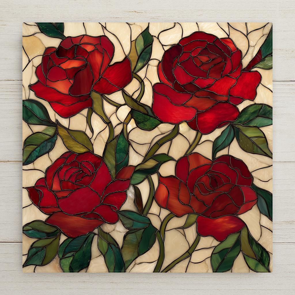 Red rose ceramic tile wall art featuring multiple roses in a stained glass style floral design with deep red petals and green leaves on a warm cream background. Square botanical tile artwork suitable for wall or tabletop display with optional wall hanger, easel stand, cork backing, or premium frame.