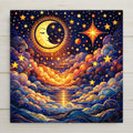 Celestial moon ceramic tile wall art featuring a stained glass–style night sky with glowing stars and swirling clouds. This symbolic wall decor represents calm, intuition, and reflection. A meaningful home decor piece and thoughtful gift for moon lovers and spiritual spaces. Printed artwork on ceramic tile; optional wall hanger, easel stand, cork backing, or premium frame available.