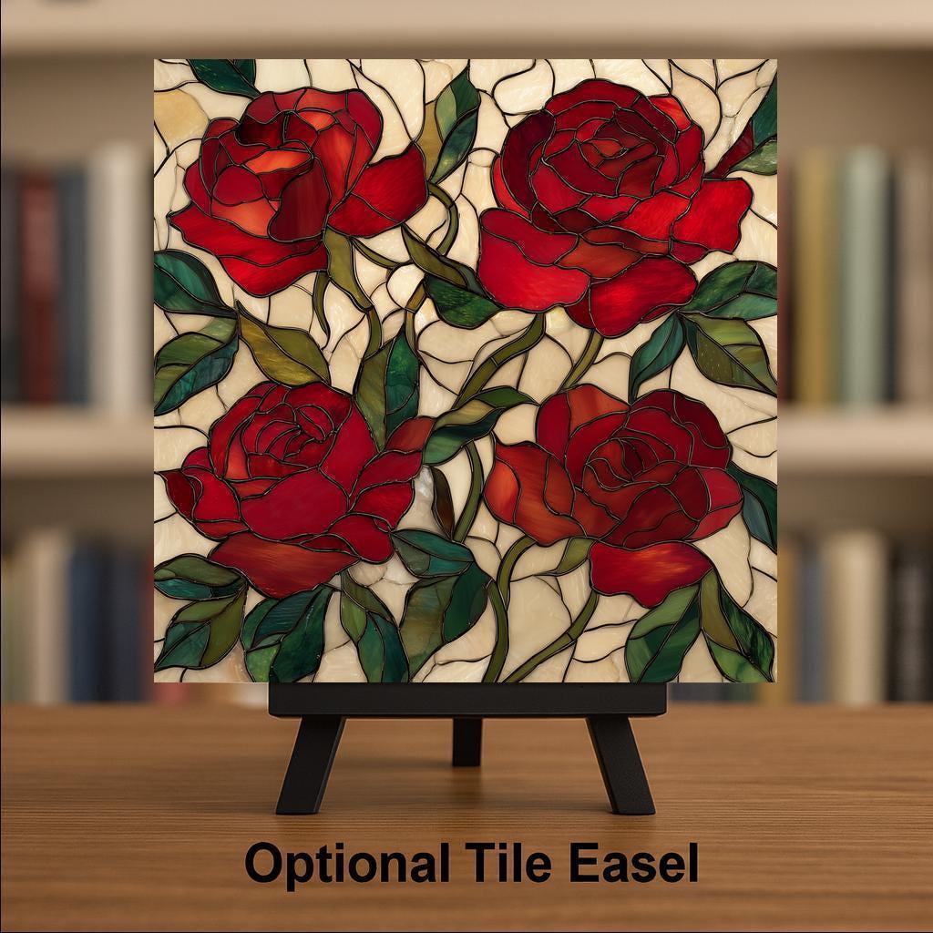Red Rose Ceramic Art Tile – Stained Glass Style Floral Wall Decor, Romantic Botanical Garden Gift