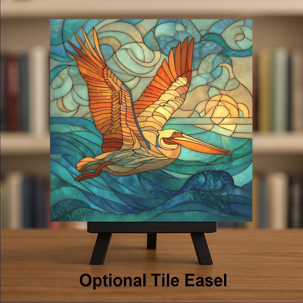 Pelican Ceramic Tile Wall Art – Stained Glass Style Coastal Wall Decor, Ocean Bird Home Decor Gift