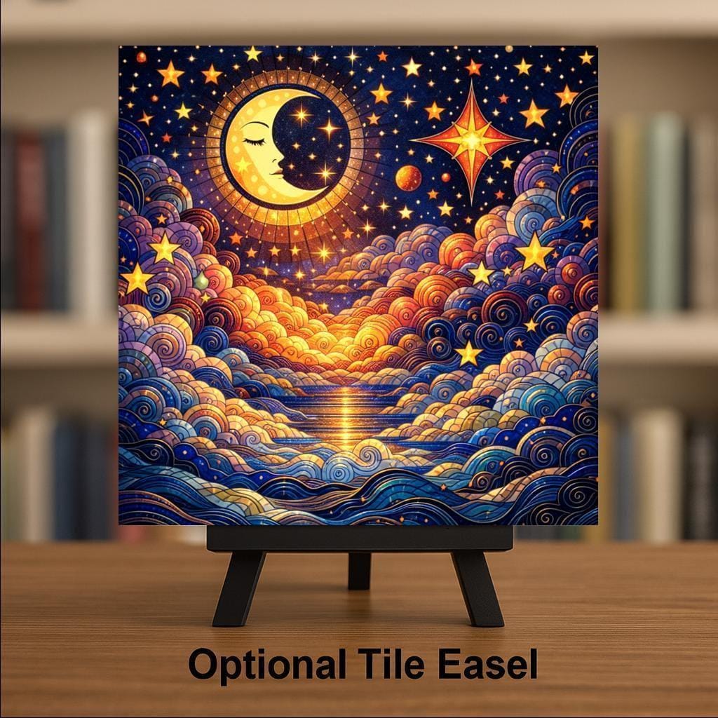 Celestial Moon Wall Art Ceramic Tile Starry Night Gift Stained Glass Decor Night Sky Art Boho Home Gift Tile