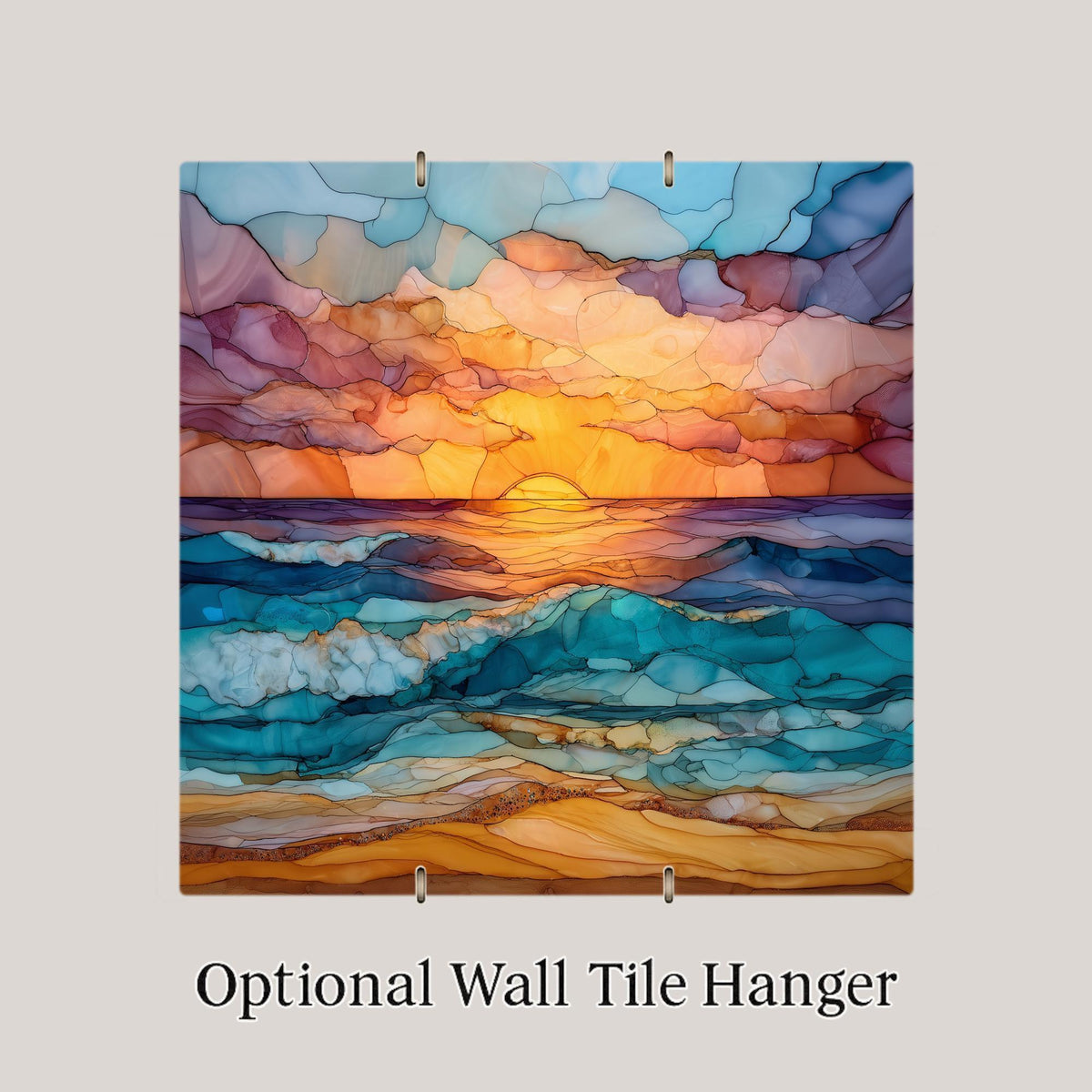 Ocean Sunset Stained Glass Style Ceramic Art Tile: Coastal Wall Decor Beach House Accent Ocean Home Decor Wall Art