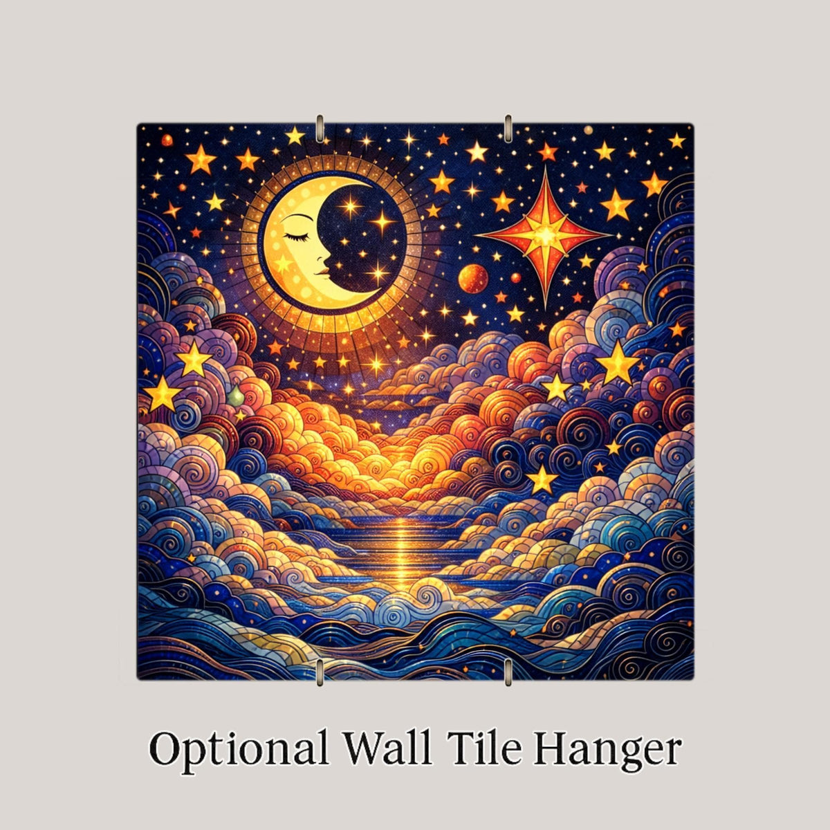 Celestial Moon Wall Art Ceramic Tile Starry Night Gift Stained Glass Decor Night Sky Art Boho Home Gift Tile
