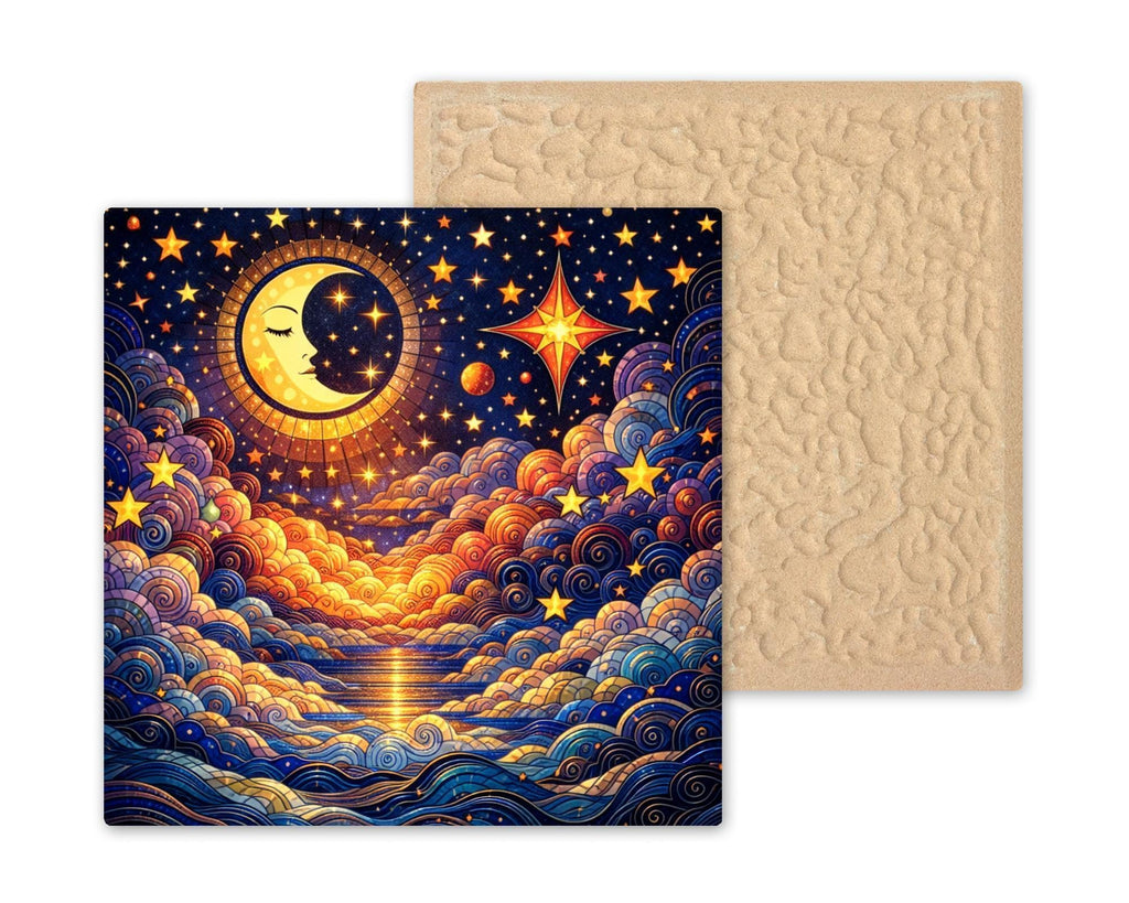 Celestial Moon Wall Art Ceramic Tile Starry Night Gift Stained Glass Decor Night Sky Art Boho Home Gift Tile