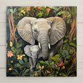 Audubon-style ceramic tile featuring a mother and baby elephant in a lush jungle. A heartfelt wildlife piece for nurseries, lodges, or nature lovers.