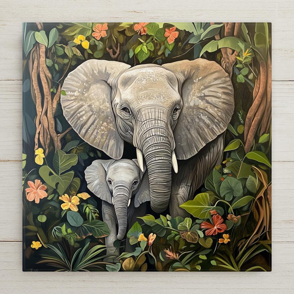 Audubon-style ceramic tile featuring a mother and baby elephant in a lush jungle. A heartfelt wildlife piece for nurseries, lodges, or nature lovers.