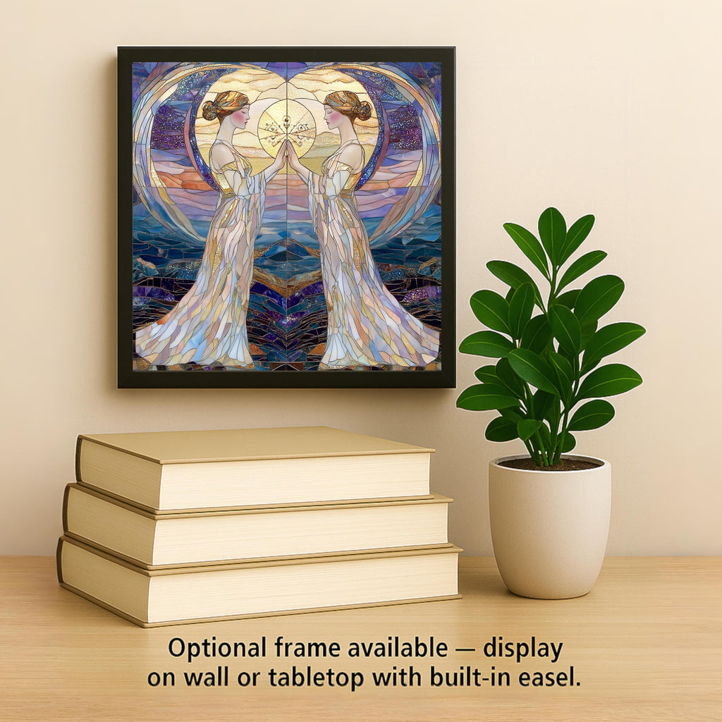 Gemini Zodiac Stained Glass Style Ceramic Art Tile – Art Nouveau Celestial Wall Decor, Twin Goddess Astrology Birthday Accent
