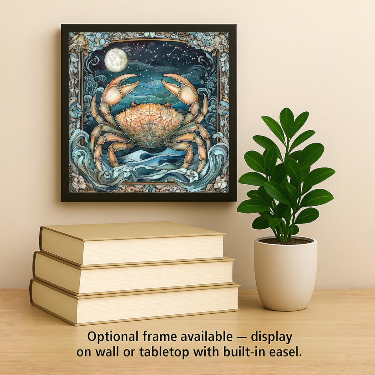 Cancer Zodiac Stained Glass Style Ceramic Art Tile – Celestial Moon Crab Wall Decor, Coastal Star Sign Birthday Accent