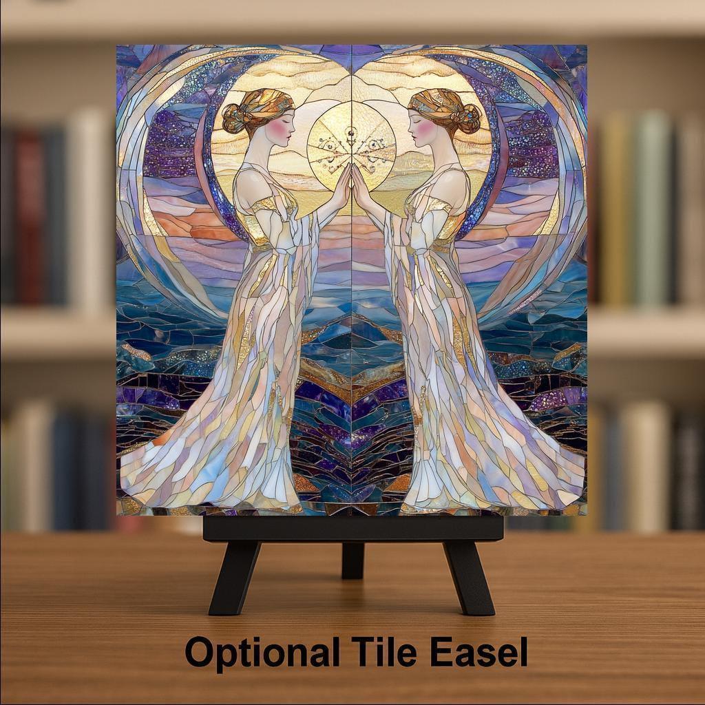 Gemini Zodiac Stained Glass Style Ceramic Art Tile – Art Nouveau Celestial Wall Decor, Twin Goddess Astrology Birthday Accent
