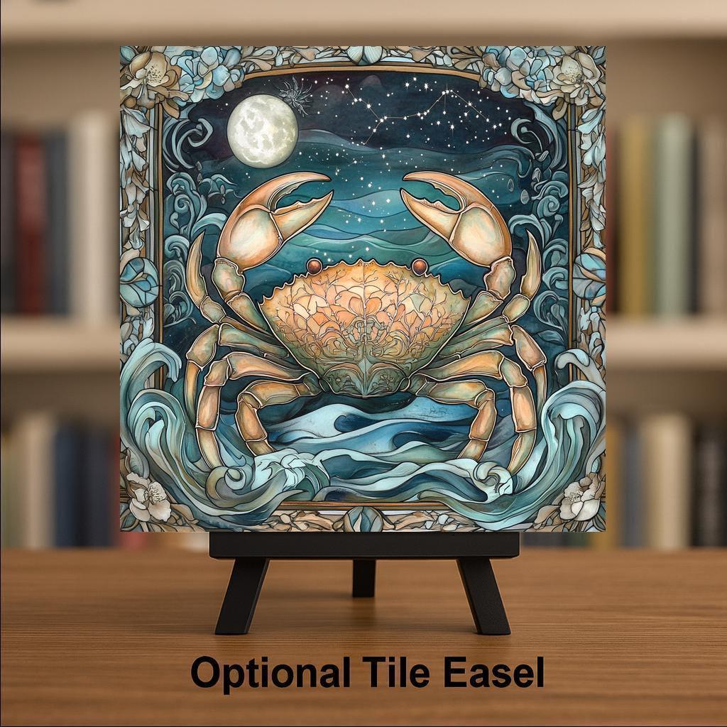 Cancer Zodiac Stained Glass Style Ceramic Art Tile – Celestial Moon Crab Wall Decor, Coastal Star Sign Birthday Accent