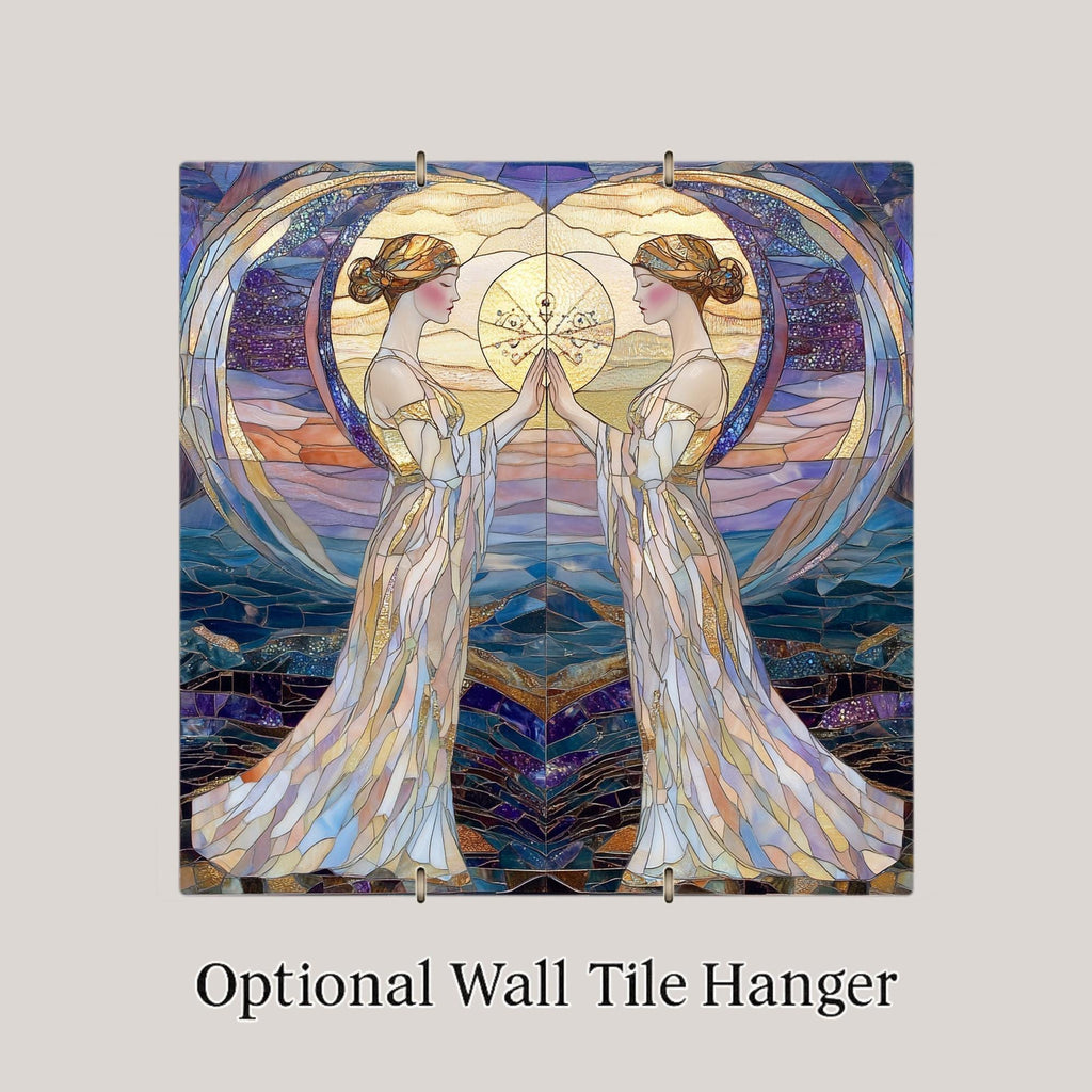 Gemini Zodiac Stained Glass Style Ceramic Art Tile – Art Nouveau Celestial Wall Decor, Twin Goddess Astrology Birthday Accent