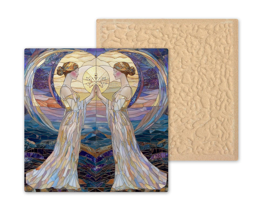 Gemini Zodiac Stained Glass Style Ceramic Art Tile – Art Nouveau Celestial Wall Decor, Twin Goddess Astrology Birthday Accent