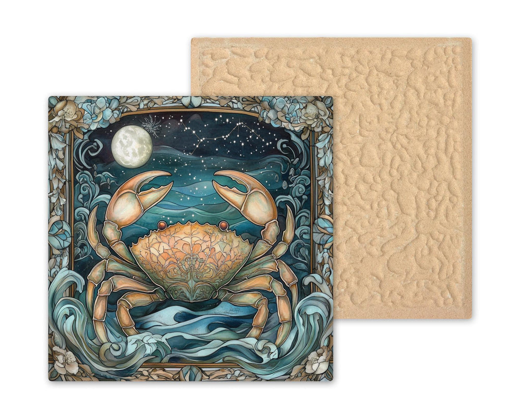 Cancer Zodiac Stained Glass Style Ceramic Art Tile – Celestial Moon Crab Wall Decor, Coastal Star Sign Birthday Accent