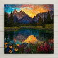 Grand Teton Mountains stained glass style ceramic tile art with glowing sunset reflection, wildflowers, and alpine beauty. Durable ceramic with vivid, lasting detail. Optional wall hanger, easel stand, cork backing, or premium frame available. A perfect nature-inspired gift for hikers, travelers, and mountain lovers.
