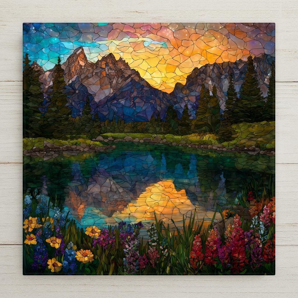 Grand Teton Mountains stained glass style ceramic tile art with glowing sunset reflection, wildflowers, and alpine beauty. Durable ceramic with vivid, lasting detail. Optional wall hanger, easel stand, cork backing, or premium frame available. A perfect nature-inspired gift for hikers, travelers, and mountain lovers.
