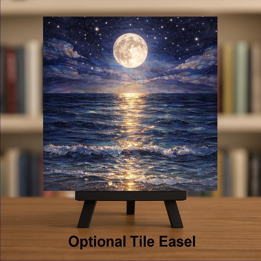 Moonlit Ocean Stained Glass Style Ceramic Art Tile: Coastal Wall Decor Beach House Accent Ocean Home Decor Wall Art Full Moon Ocean Seasc