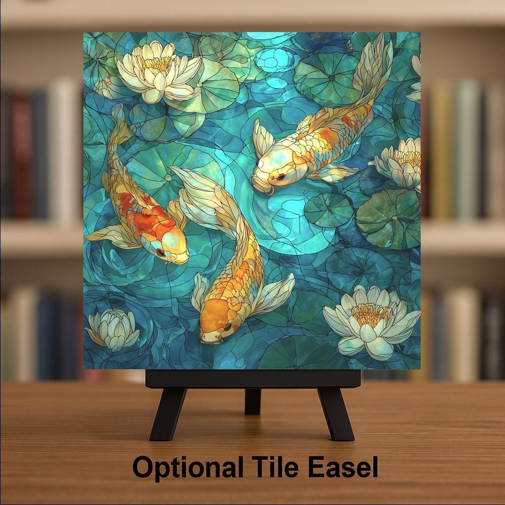 Koi Pond Wall Art Ceramic Tile Stained Glass Style Lotus Garden Zen Home Decor Peaceful Water Nature Art