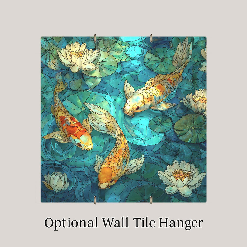 Koi Pond Wall Art Ceramic Tile Stained Glass Style Lotus Garden Zen Home Decor Peaceful Water Nature Art