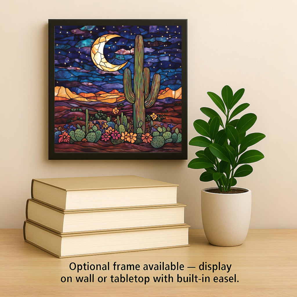 Saguaro Cactus Wall Art Ceramic Tile Stained Glass Style Southwest Desert Night Decor Boho Moon Southwestern Nature Art