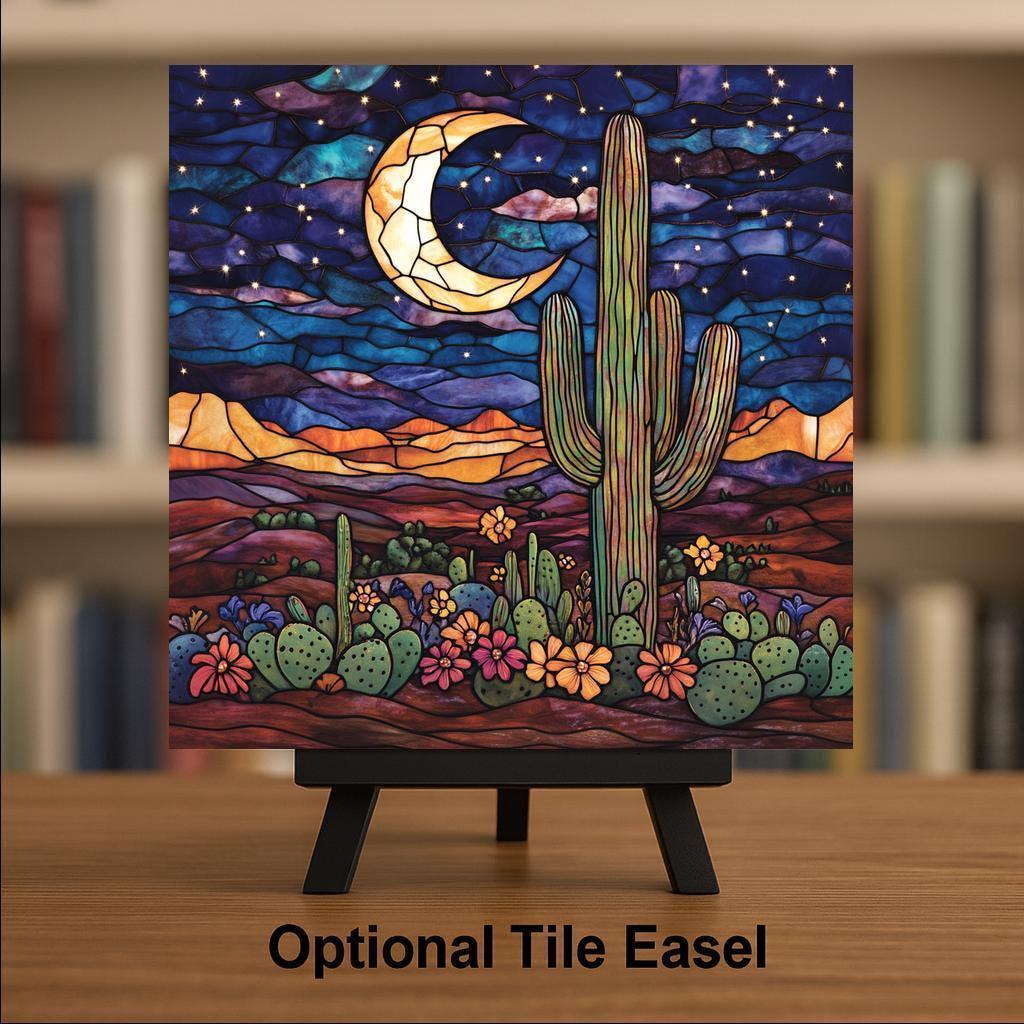 Saguaro Cactus Wall Art Ceramic Tile Stained Glass Style Southwest Desert Night Decor Boho Moon Southwestern Nature Art