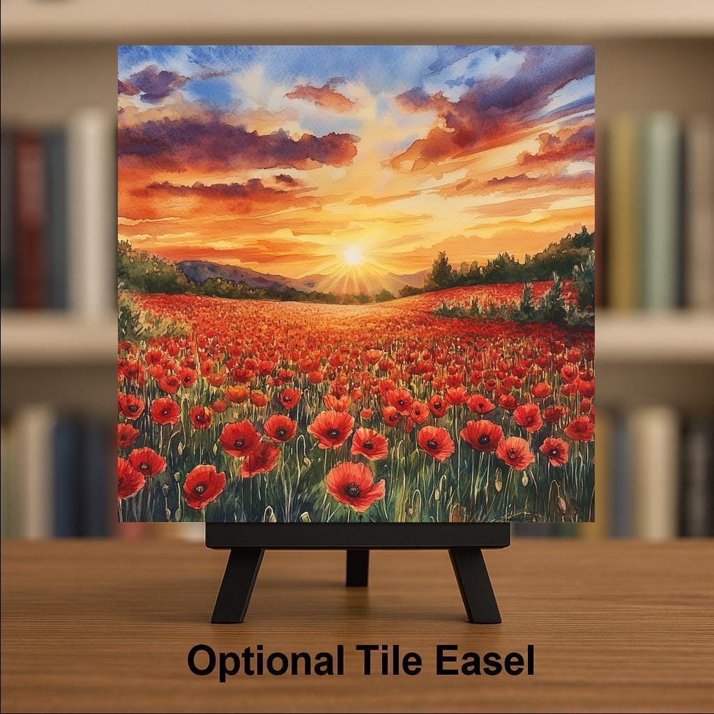 Red Poppy Field Ceramic Art Tile – Sunset Floral Wall Decor, Cottagecore Wildflower Gift