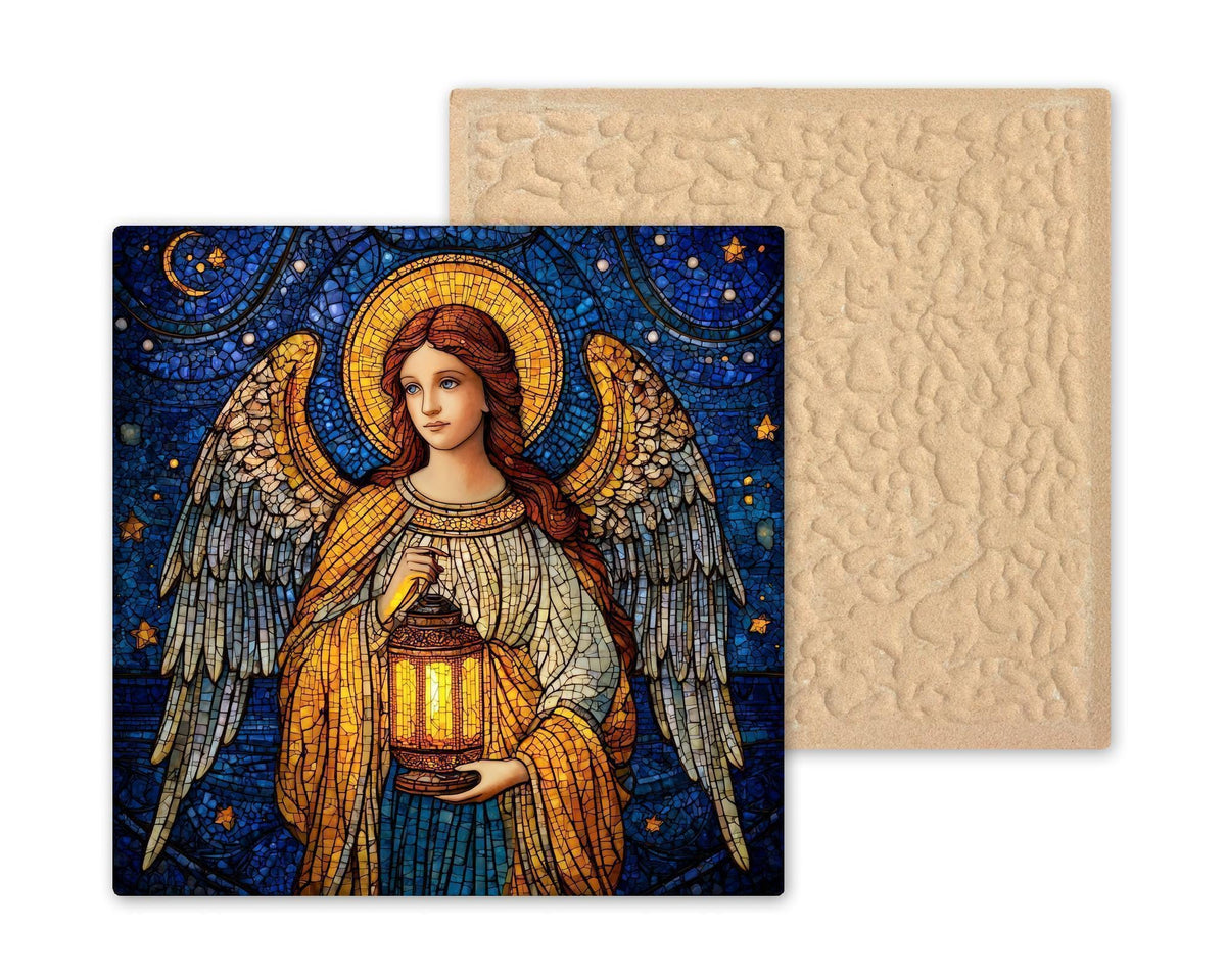 Angel Lantern Ceramic Art Tile – Stained Glass Style Guardian Wall Decor, Spiritual Inspirational Faith Gift