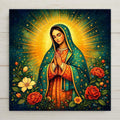 Our Lady of Guadalupe in prayer with hands clasped, wearing a teal star-covered mantle and orange-gold robe, framed by a radiant golden sunburst halo and folk-art roses on a dark starry background.