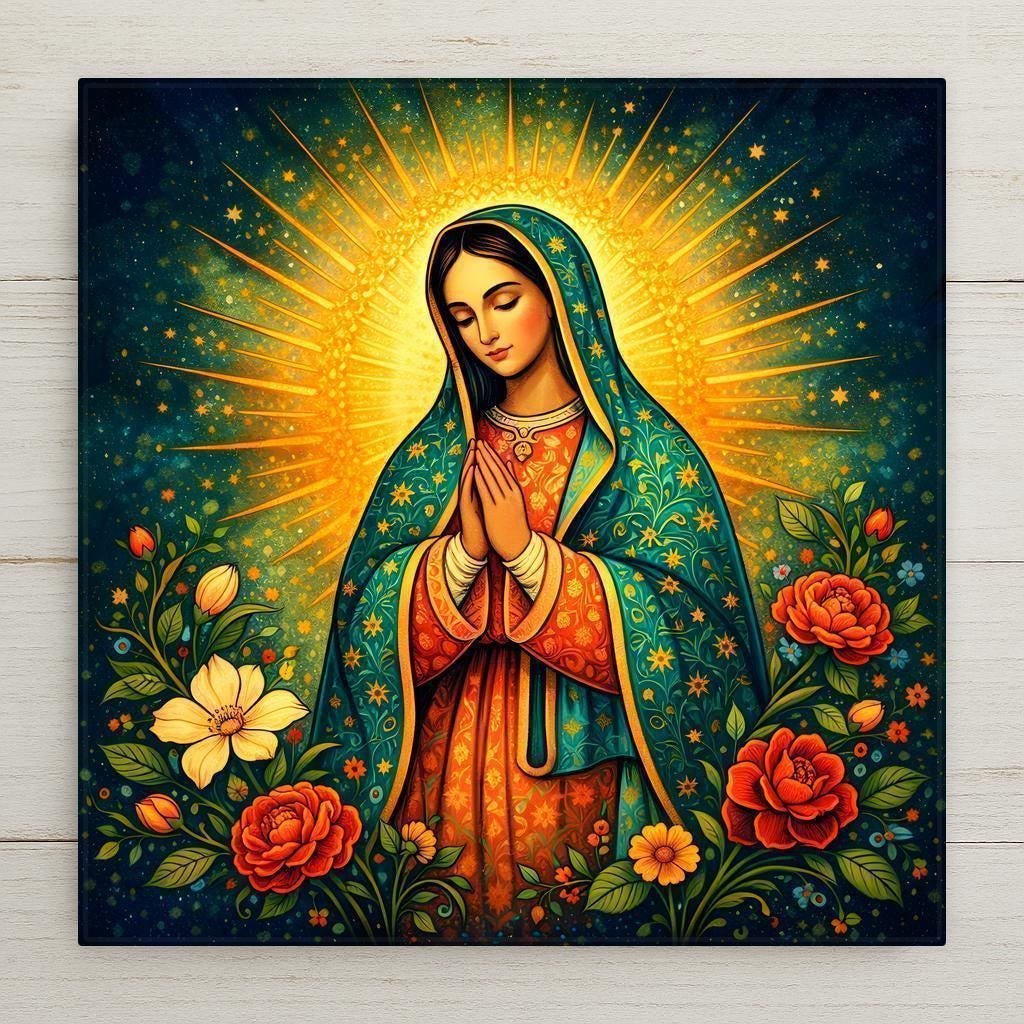 Our Lady of Guadalupe in prayer with hands clasped, wearing a teal star-covered mantle and orange-gold robe, framed by a radiant golden sunburst halo and folk-art roses on a dark starry background.