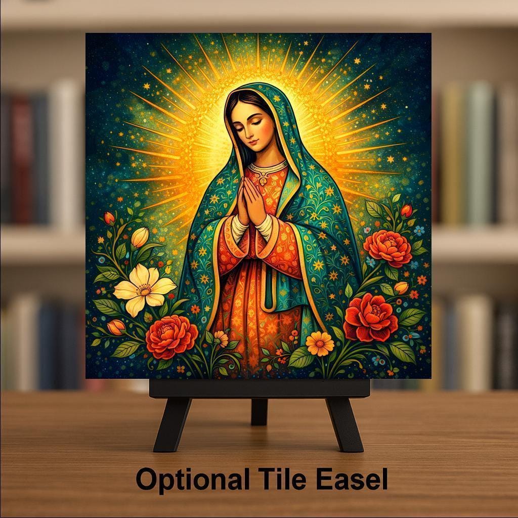 Our Lady of Guadalupe Ceramic Art Tile – Virgen Mexican Folk Catholic Wall Art, Devotional Gift