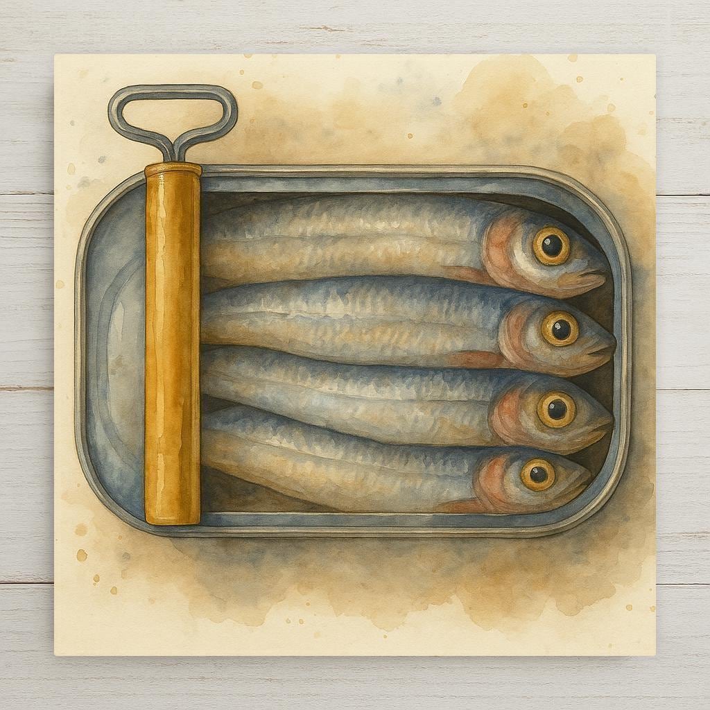 A whimsical ceramic tile featuring four sardines in a tin, this watercolor-style artwork is perfect for foodie kitchens and coastal decor lovers.