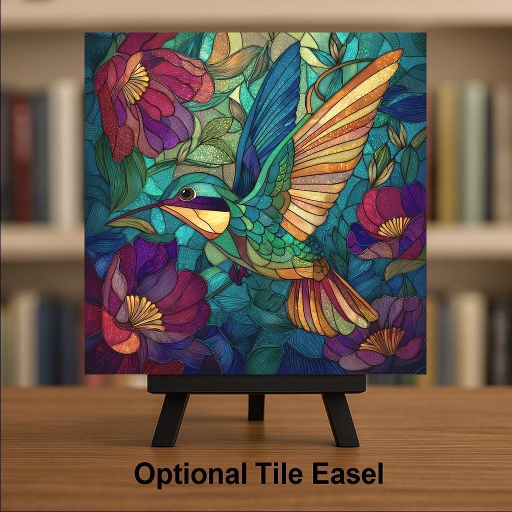Hummingbird Stained Glass Style Ceramic Art Tile – Floral Nature Wall Decor, Colorful Garden Bird Gift
