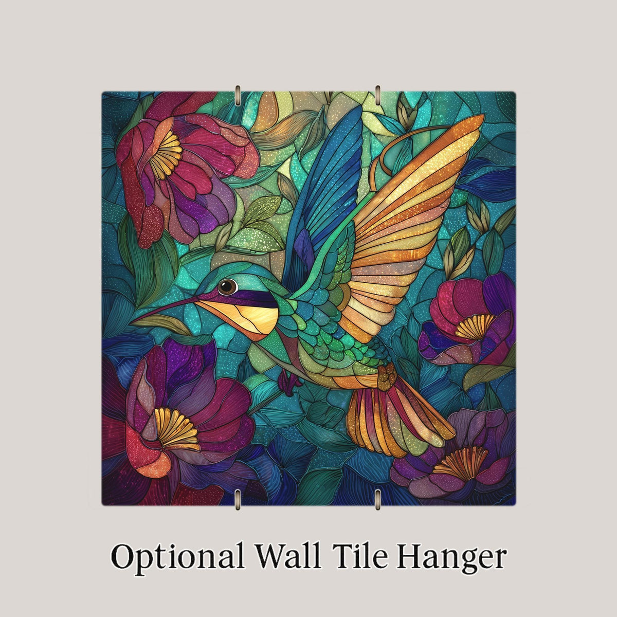 Hummingbird Stained Glass Style Ceramic Art Tile – Floral Nature Wall Decor, Colorful Garden Bird Gift