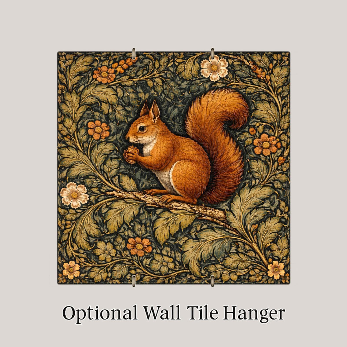 Squirrel William Morris Style Ceramic Art Tile – Woodland Forest Tapestry Wall Decor, Cottagecore Cabin Accent