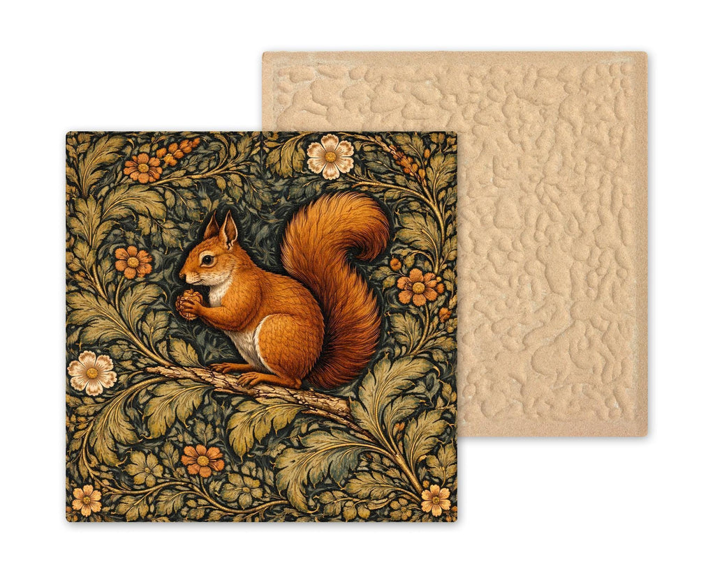 Squirrel William Morris Style Ceramic Art Tile – Woodland Forest Tapestry Wall Decor, Cottagecore Cabin Accent