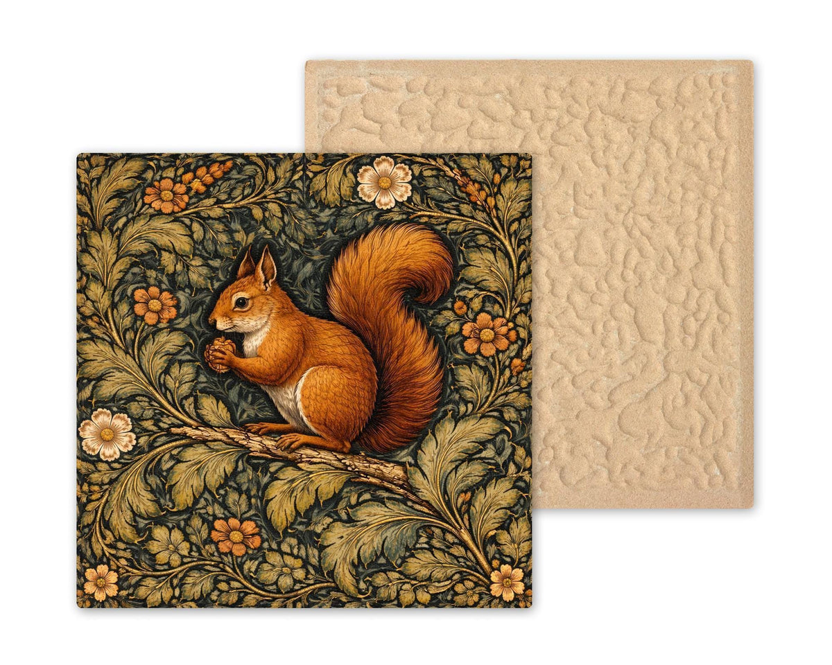 Squirrel William Morris Style Ceramic Art Tile – Woodland Forest Tapestry Wall Decor, Cottagecore Cabin Accent