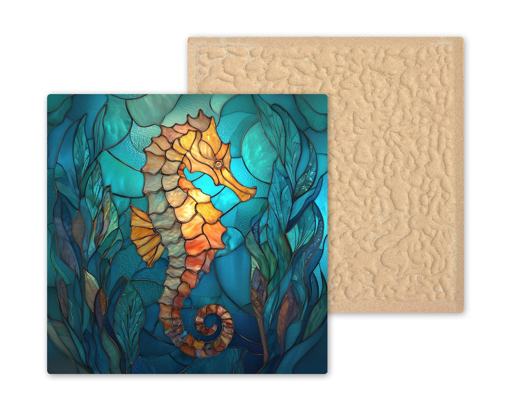 Seahorse Stained Glass Style Ceramic Art Tile – Coastal Beach House Wall Decor, Nautical Sea Life Gift