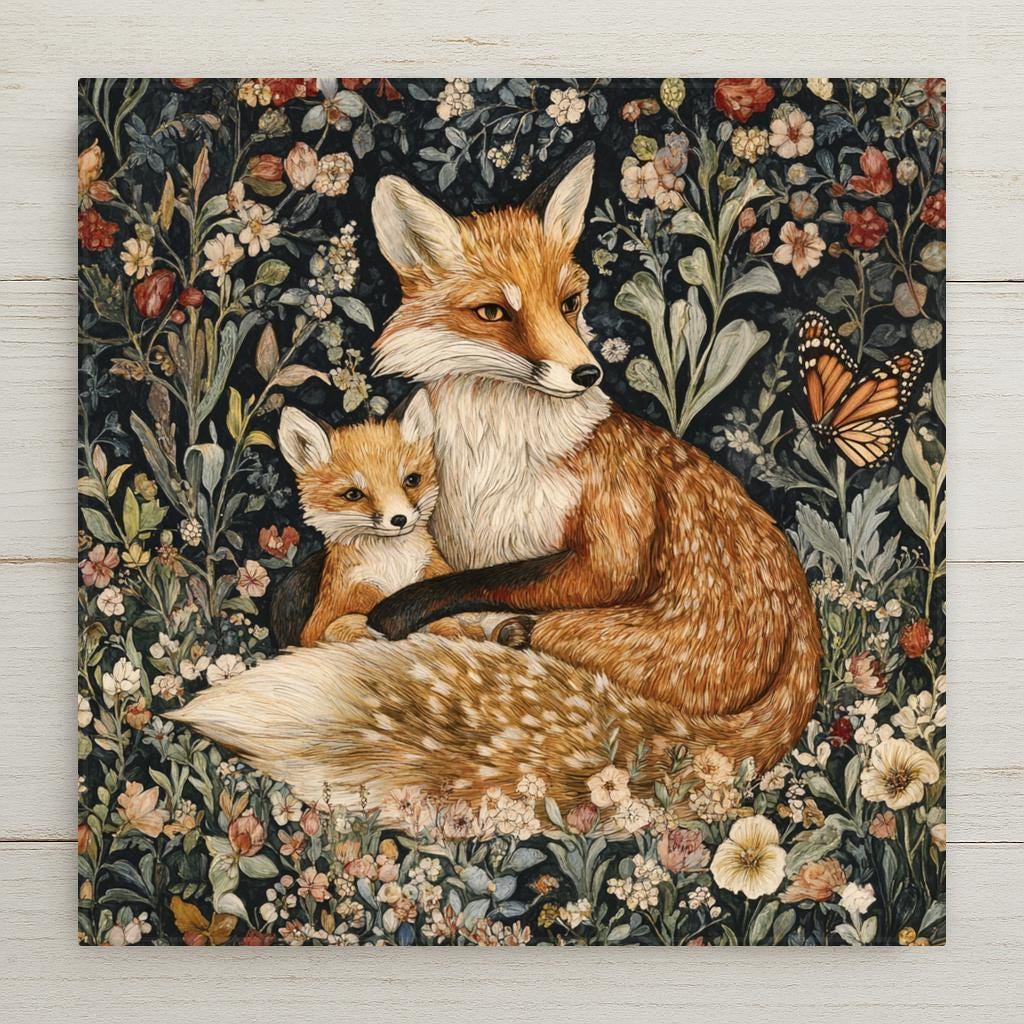 Transform your space with this exquisite Art Nouveau William Morris inspired woodland fox lovers ceramic tile wall decor. Featuring a vintage art style design of a fox and baby pup kit cub surrounded by delicate butterflies, this trivet is both charming and practical. Add a touch of nature-inspired beauty to your home with this unique piece.