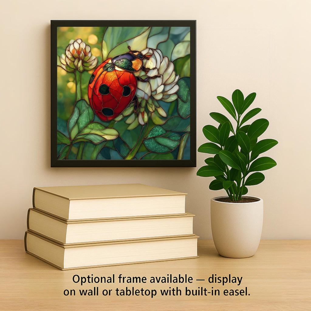 Ladybug Wall Art Ceramic Tile – Stained Glass Style Clover Blossom Decor, Lucky Garden Insect Art, Cottagecore Botanical Home Decor
