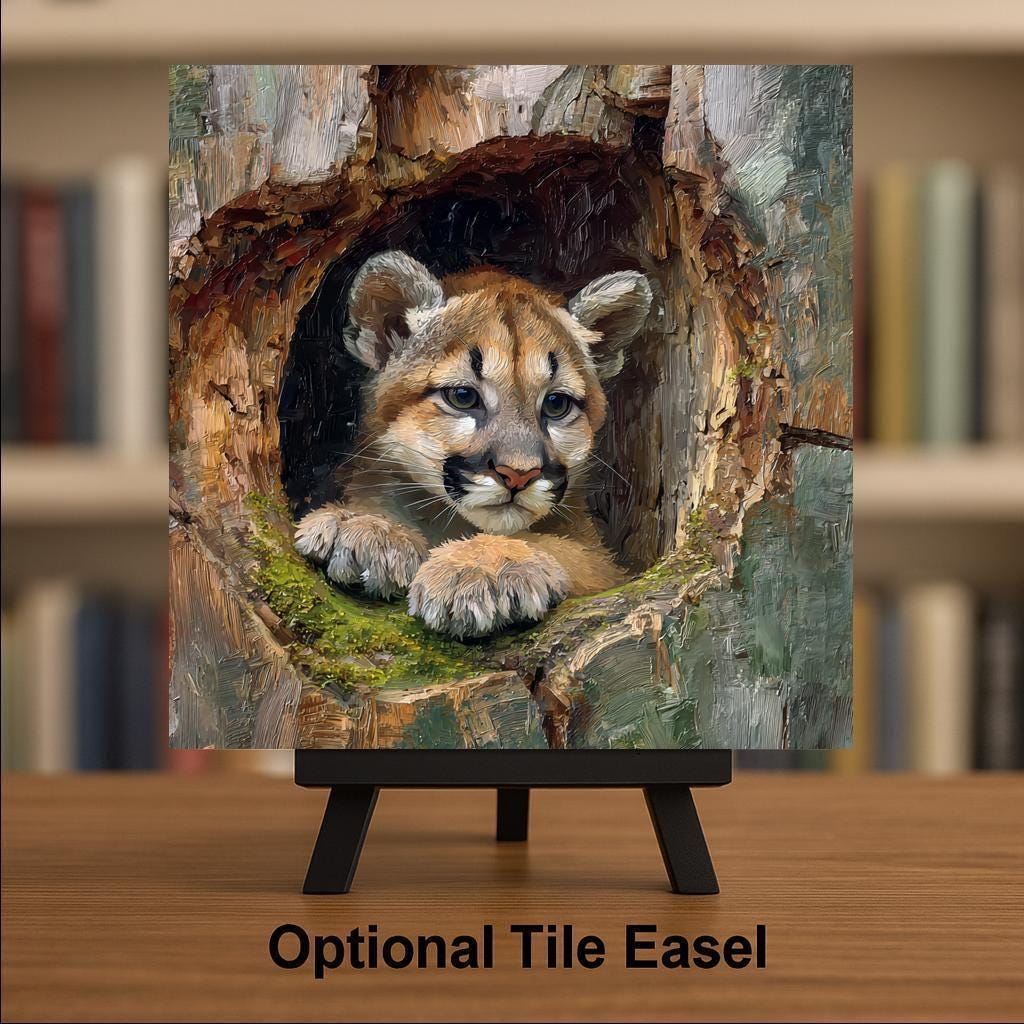 Baby Mountain Lion Ceramic Art Tile – Woodland Wildlife Wall Decor, Rustic Cabin Nature Nursery Gift
