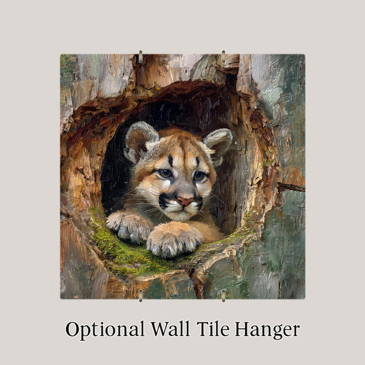 Baby Mountain Lion Ceramic Art Tile – Woodland Wildlife Wall Decor, Rustic Cabin Nature Nursery Gift