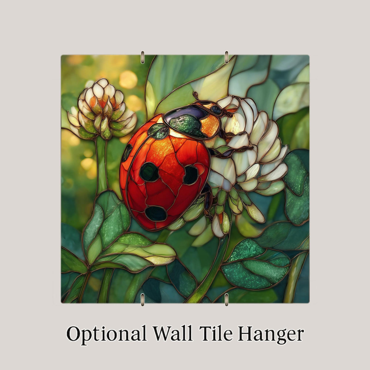 Ladybug Wall Art Ceramic Tile – Stained Glass Style Clover Blossom Decor, Lucky Garden Insect Art, Cottagecore Botanical Home Decor
