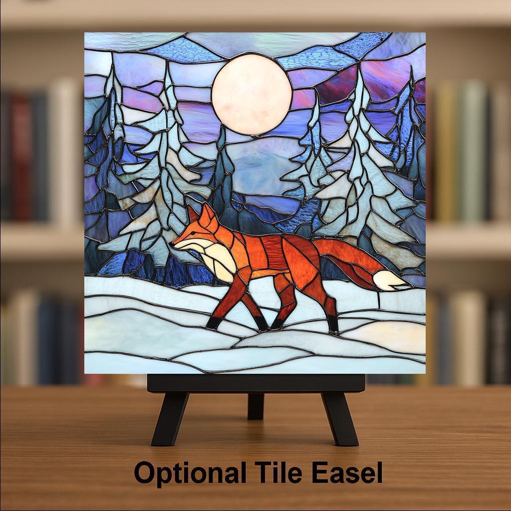 Winter Fox Ceramic Art Tile – Rustic Forest Art, Red Fox Lover Wildlife Gift, Winter Cabin Nature Art Decor