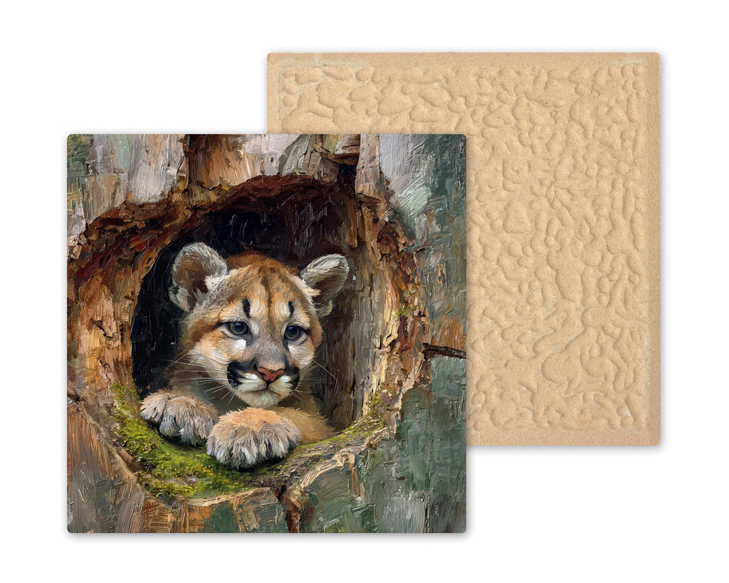 Baby Mountain Lion Ceramic Art Tile – Woodland Wildlife Wall Decor, Rustic Cabin Nature Nursery Gift