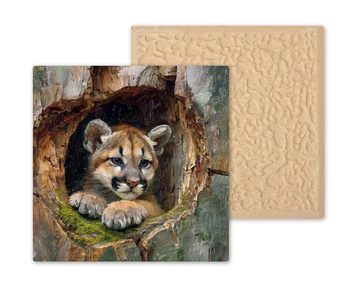 Baby Mountain Lion Ceramic Art Tile – Woodland Wildlife Wall Decor, Rustic Cabin Nature Nursery Gift