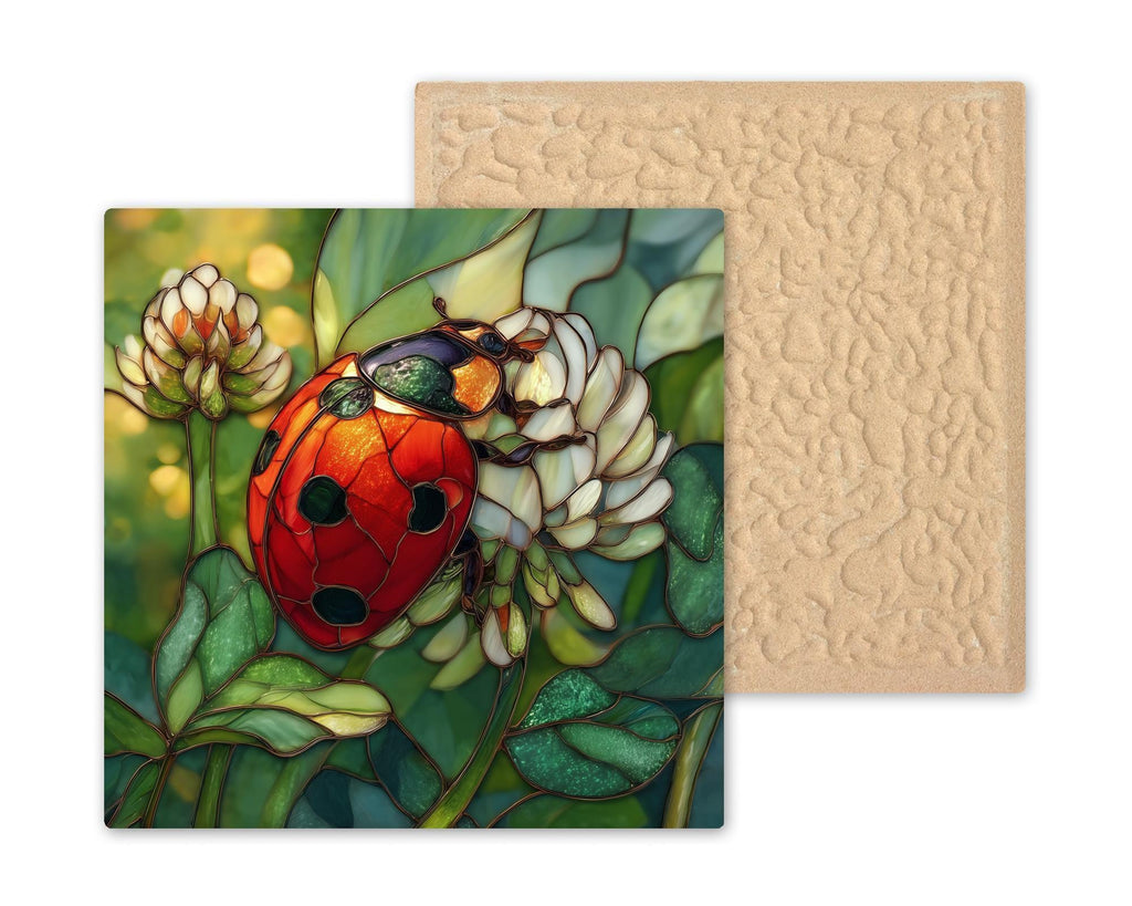 Ladybug Wall Art Ceramic Tile – Stained Glass Style Clover Blossom Decor, Lucky Garden Insect Art, Cottagecore Botanical Home Decor