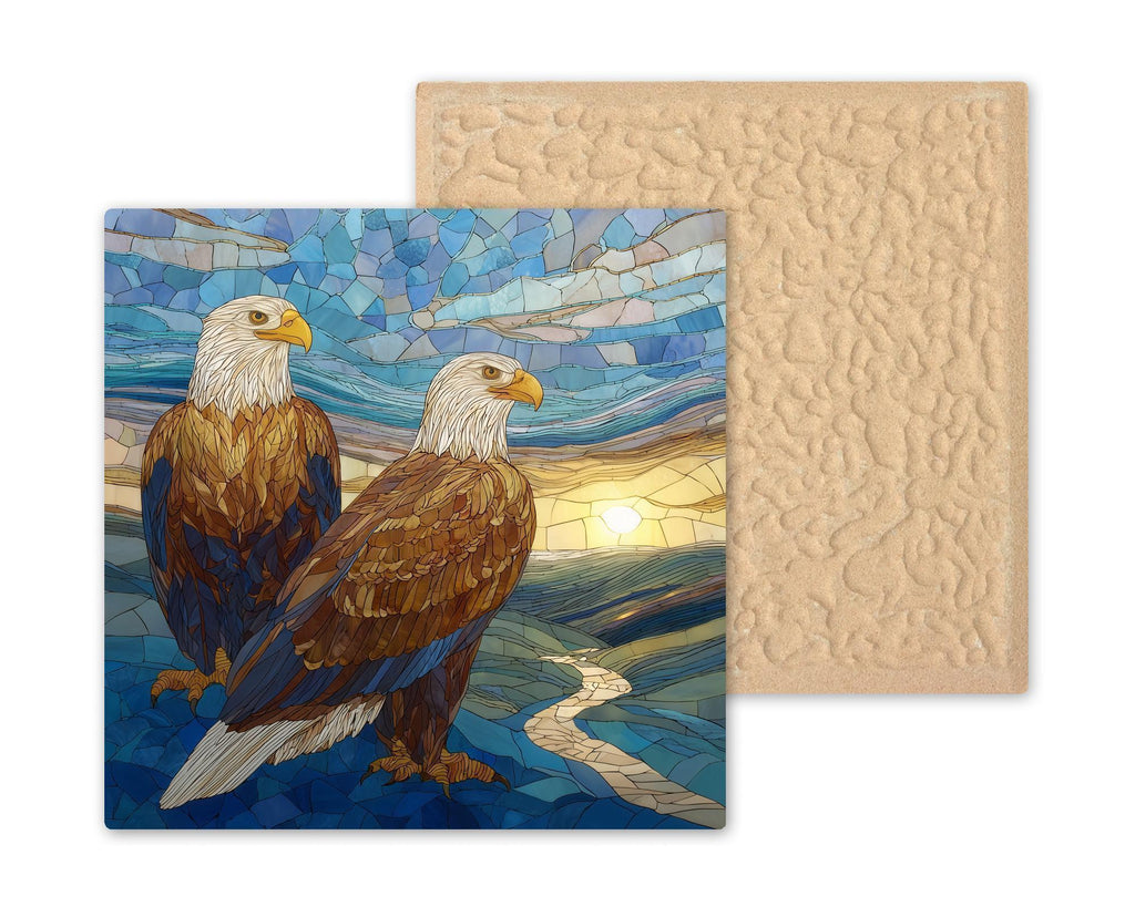 Bald Eagle Pair Stained Glass Style Ceramic Art Tile – Patriotic Americana Wall Decor, First Responder Service Accent