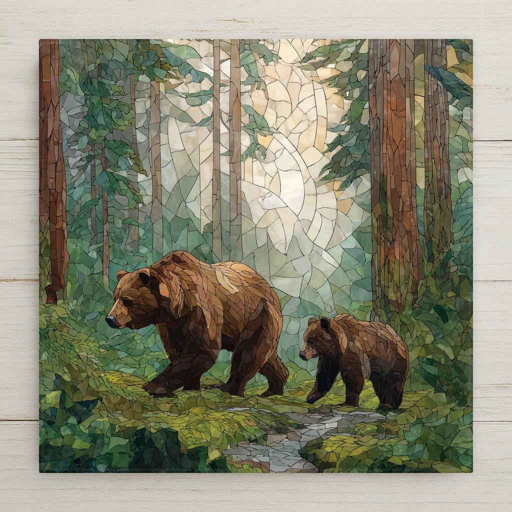 Stained glass-style bear and cub ceramic tile wall art showing a mother bear walking with her cub through a peaceful forest scene. A permanent high-resolution ceramic print designed to resemble stained glass, not made of glass or mosaic. Ideal for woodland home decor, family wall art, or a meaningful nature-inspired gift. Optional wall hanger, easel stand, cork backing, and premium frame available.
