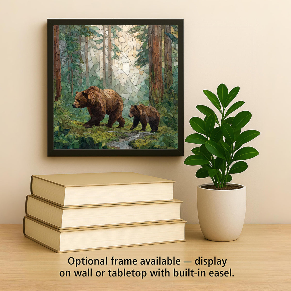 Bear Cub Wall Art Ceramic Tile Stained Glass Style Woodland Home Decor Mother Baby Animal Wildlife Nature