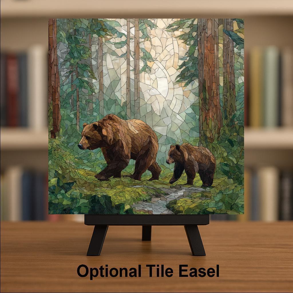 Bear Cub Wall Art Ceramic Tile Stained Glass Style Woodland Home Decor Mother Baby Animal Wildlife Nature