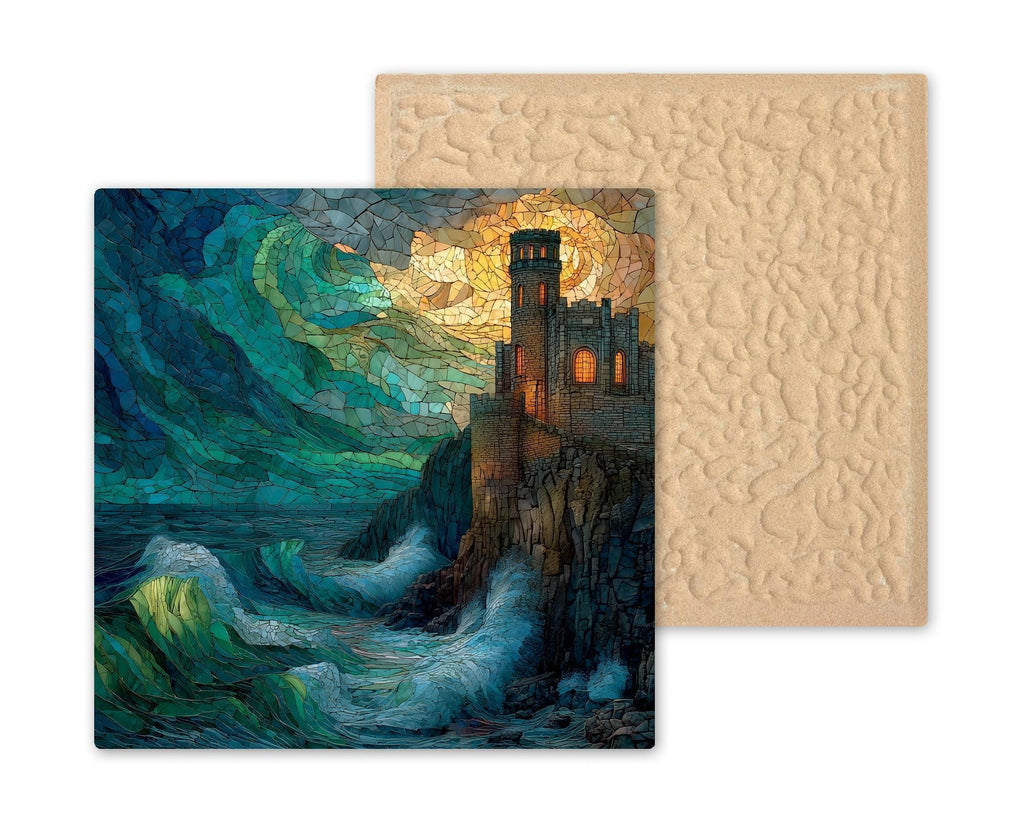 Gothic Ocean Castle Wall Art Ceramic Tile Fantasy Gift Stained Glass Fortress Decor Dark Art Castle Gift Tile